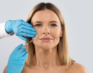A woman receiving a cosmetic injection in her cheek, administered by a professional wearing blue gloves. She has a neutral expression.